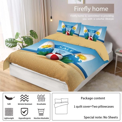 跨境床上三件套定制90磨毛布数码印花夏威夷沙滩被套枕套代发厂家