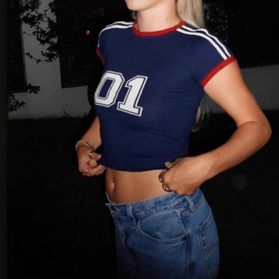 跨境外贸欧洲数字印花个性休闲女士上衣短款圆领街头时尚性感