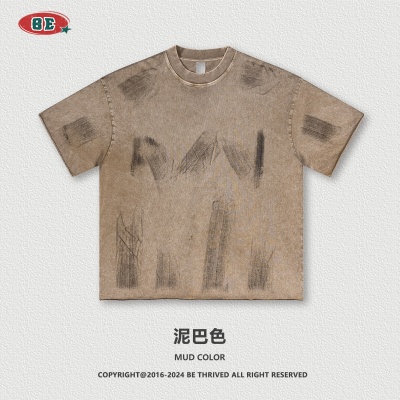BE男装2025春夏新品重磅水洗擦色vintage短袖男外贸男装boxyT恤男