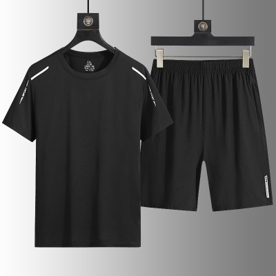 夏季新款冰丝男士休闲运动套装男宽松两件套透气速干圆领T恤短裤