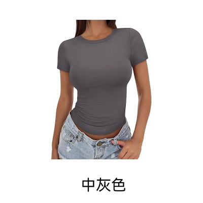 新款女装短袖正肩短款修身上衣t恤企业文化装商务办公室工装批发