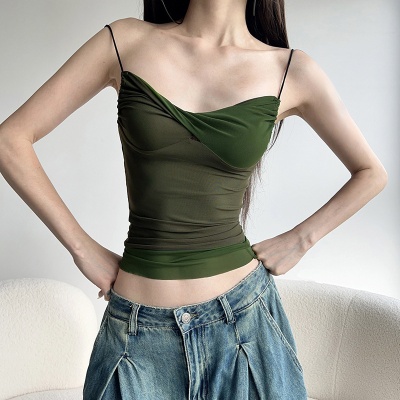 小心机辣妹风扭结设计拼色网纱吊带个性街头潮流新款修身短款背心