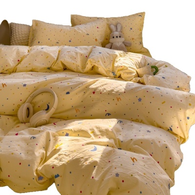 ins风床上四件套夏季小清新被套卡通水洗棉床单学宿舍床上三件套