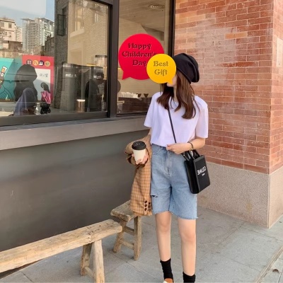 白色正肩纯棉短袖t恤女夏季新款100%纯棉显瘦内搭宽松圆领上衣