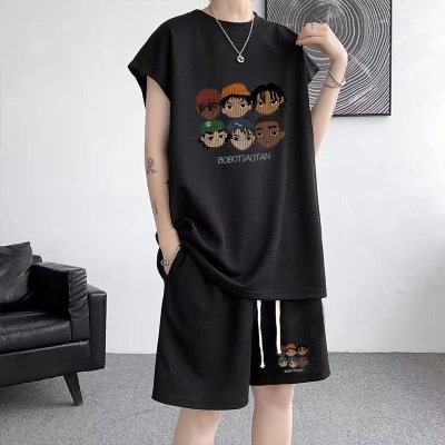 夏季新款大码男士运动套装华夫格潮无袖背心t恤百搭休闲两件套12