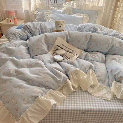 法式全棉床上四件套韩版花边纯棉被套床单被罩三件套南通家纺床品