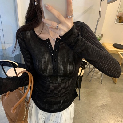 半开领微透坑条长袖t恤女2025春夏季新款修身显瘦内搭打底衫上衣