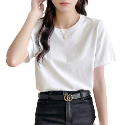 2025纯棉白色短袖T恤女ins潮男女同款重磅不透圆领纯色打底衫批发