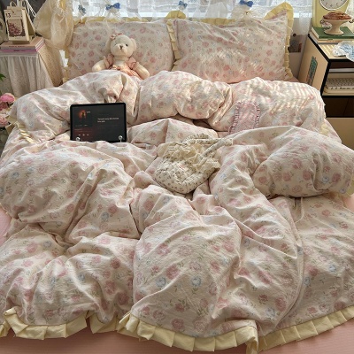 A类春夏法式皱皱纱花边四件套少女心全棉被套大学生宿舍床上用品