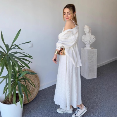 2025欧美跨境女装时尚休闲气质皱感宽松长袖衬衫加长款吊带两件套
