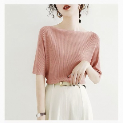 一字肩上衣女夏季2024新款内搭温柔风五分袖设计感小众冰丝针织衫