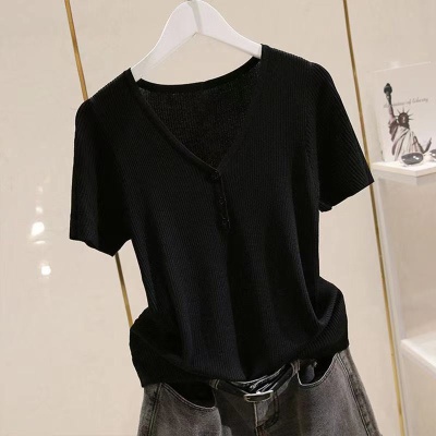 冰丝短袖t恤女针织衫2023夏季新款潮百搭薄款V领显瘦打底上衣外穿