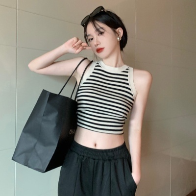 2023新款吊带背心 辣妹撞色条纹无袖t恤女内搭又纯又欲打底女上衣