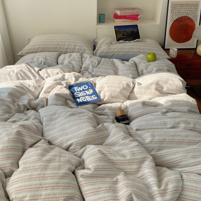 春秋条纹全棉四件套色织提花水洗纯棉被套床单宿舍三件套床上用品