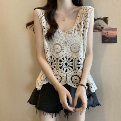 镂空钩花设计感吊带背心U领女夏季外搭宽松显瘦短款小众上衣