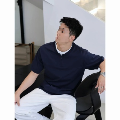 重磅新款半拉链短袖T恤男宽松简约小众设计拼接假两件半袖上衣服