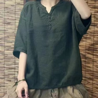 跨境外贸夏季新款女士上衣T恤纯色休闲舒适宽松新中式V领五分袖女