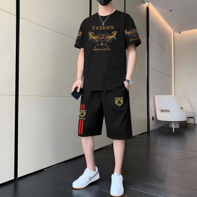 休闲运动套装男士短袖T恤短裤沙滩装潮流青年中国龙图案两件套夏