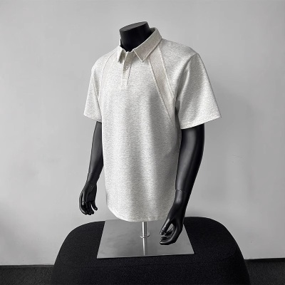美式正肩短袖polo衫男士夏季重磅青少年体恤翻领插肩五分袖上衣潮
