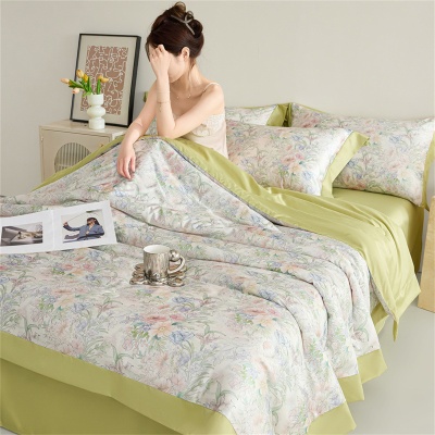 新款水洗真丝数码印花拼角夏被四件套清爽舒适夏凉被裸肤感空调被