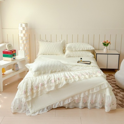 韩版水洗棉夏凉被床盖款四件套少女心空调水洗花边床裙夏被空调薄