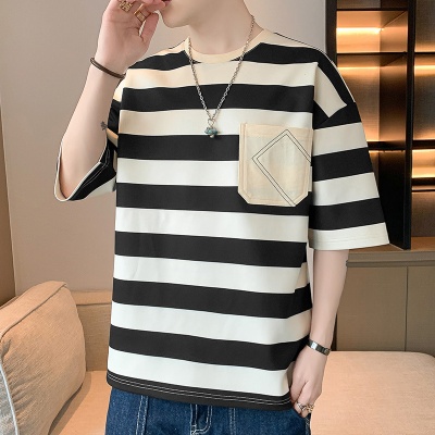 夏季新款男士短袖T恤男港风潮牌宽松圆领五分袖isn百搭半袖上衣潮