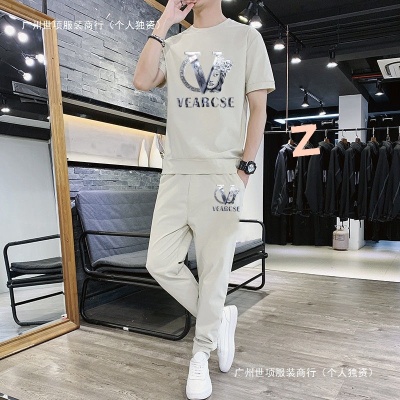 男士休闲套装冰丝2025夏季新款短袖t恤潮流男装运动一套搭配帅气