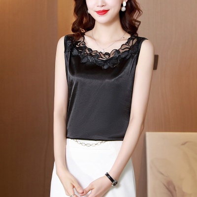2023背心女夏时尚打底衫内搭丝绸缎面蕾丝拼接设计感外穿无袖上衣