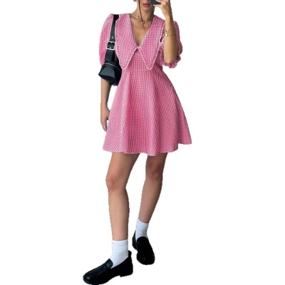 2025独立站欧美女装夏季新品甜辣气质格子V领泡泡袖收腰连衣裙