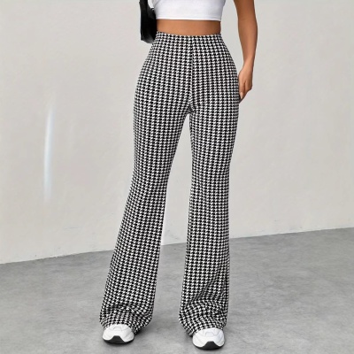 跨境亚马逊弹力休闲裤 运动黑白千鸟格女士裤 气质通勤舒适微喇裤