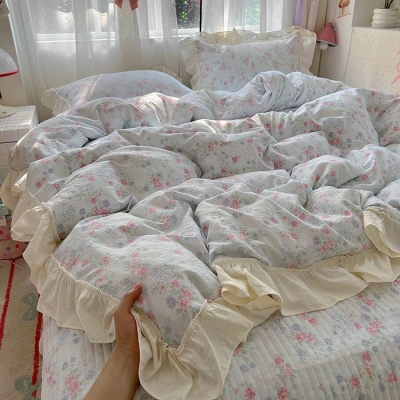 法式公主风皱皱纱床盖四件套复古格子荷叶花边被套夹棉床盖三件套
