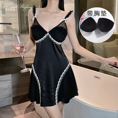 唯美纱木耳花边吊带睡裙家居性感睡裙套装缎面拼纱透气纯欲睡衣