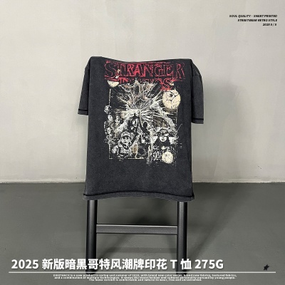 链潮男装丨2025夏季跨境潮牌男装短袖美式复古神秘个性印花t恤