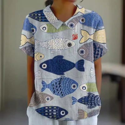 跨境外贸2024夏季女装新款亚马逊宽松印花圆领休闲大码套头女装T