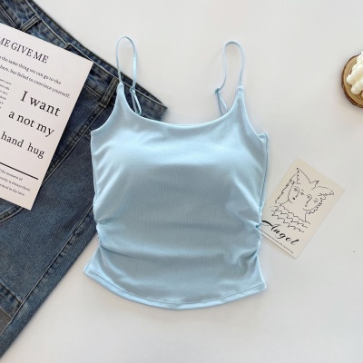 纯欲风甜辣设计感褶皱吊带背心女带胸垫一体杯内搭外穿美背上衣女