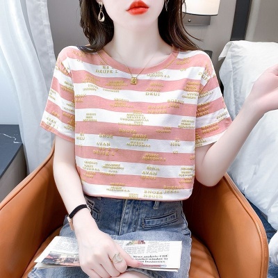 字母印花条纹短袖T恤女2024夏装新款韩版百搭圆领宽松爆款上衣潮