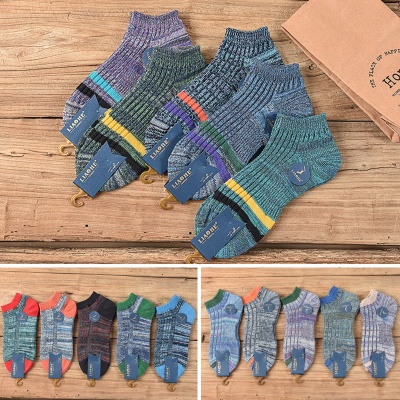 春秋新款男士袜子双针短筒棉袜运动户外船袜混线拼色吸汗透气批发