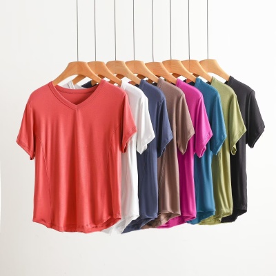 夏季新款螺纹V领短袖T恤时尚拼接显瘦打底衫圆弧下摆纯色百搭上衣