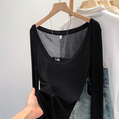 天丝亲肤薄款微透修身纯欲辣妹白色u领防晒打底罩衫T恤女早秋上衣