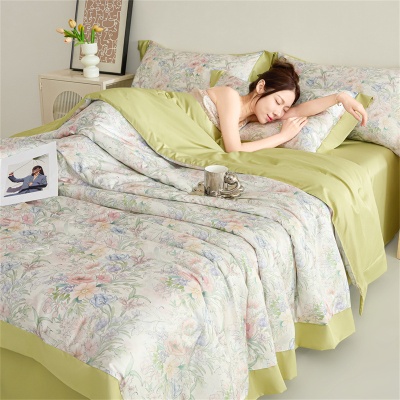 新款水洗真丝数码印花拼角夏被四件套清爽舒适夏凉被裸肤感空调被