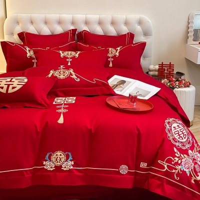 批发大红色婚庆四件套中式婚嫁新婚刺绣被套婚房结婚陪嫁床上用品