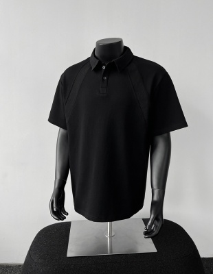 美式重磅空气层正肩结构拼接短袖男t恤polo衫boxy版型短袖t恤男