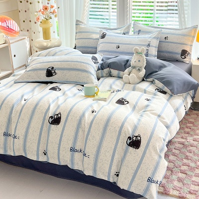 床上四件套纯水洗棉全被套罩宿舍单人学生床品床单条纹猫三件套