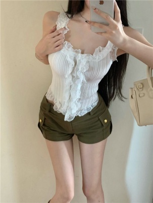 气质辣妹白色吊带女夏季新款外穿蕾丝花边性感背心短款无袖上衣潮