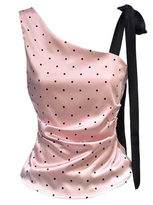 野媛粉色波点斜肩吊带背心女夏季小众设计感T恤修身显瘦无袖上衣