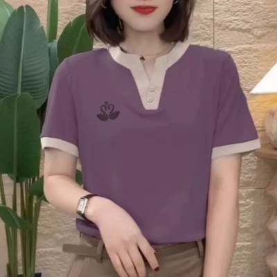 简约显瘦时尚撞色小天鹅夏季短袖T恤衫韩版百搭休闲气质洋气上衣
