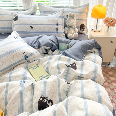 床上四件套纯水洗棉全被套罩宿舍单人学生床品床单条纹猫三件套