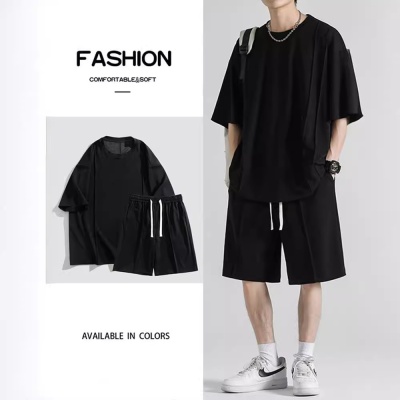 冰丝短袖T恤休闲套装男士夏季2024新款纯色运动速干情侣装两件套