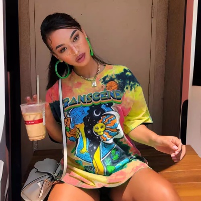 外贸夏独立站Wish亚马逊新款女装 涂鸦印花圆领短袖宽松型上衣t恤