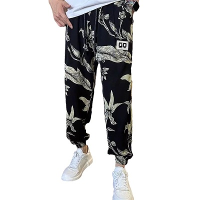 2023夏季男士新款冰丝印花休闲开叉九分裤网红青年痞帅宽松哈伦裤